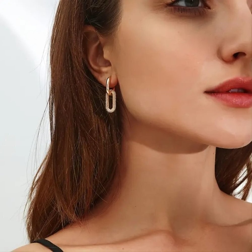 18k Gold Plated Crystal Zirconia Oval Hoop Earrings 2 Ways to Wear - Picture 5 of 5